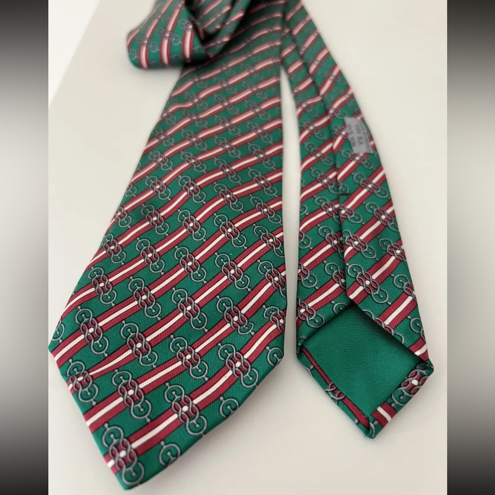 Hermès Silk Tie - Green Red and White Stripe with Horsebit - Authentic Vintage